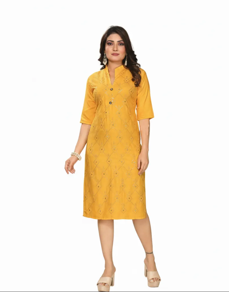 Mustard Yellow Geometric Embroidered Kurti