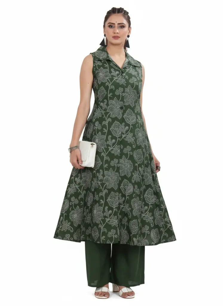 Emerald Green Floral Print Sleeveless A-Line Kurta with Shirt Collar