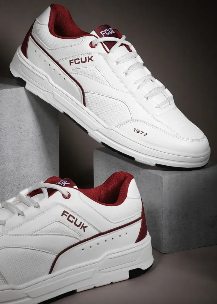 FCUK Men’s "1972" Heritage Sneakers – Classic White & Maroon Court Low-Tops